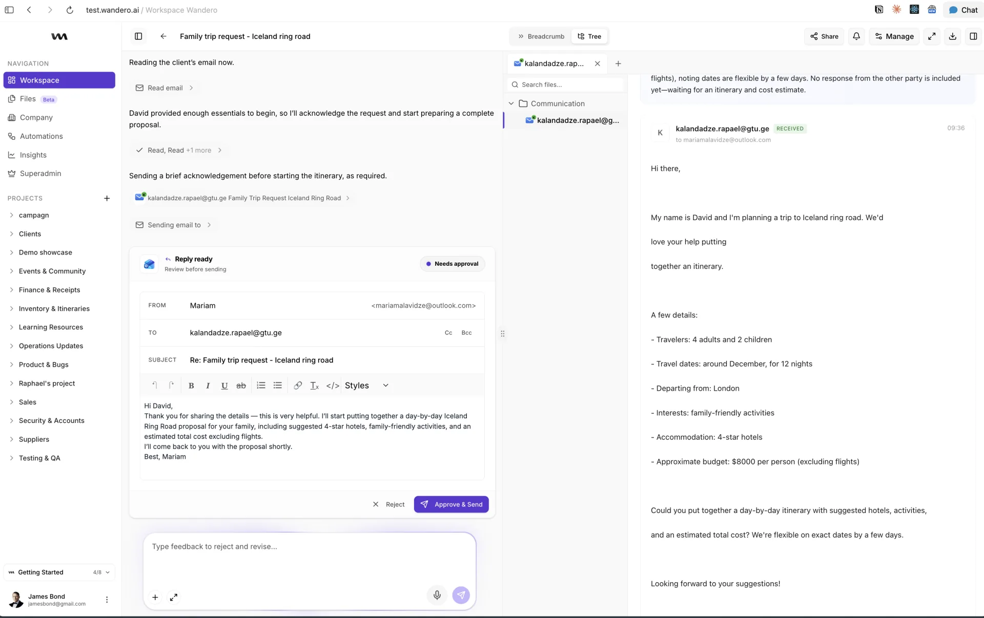 The agent drafted a reply and paused it for approval. The operator can approve and send, edit it first, or reject with feedback.