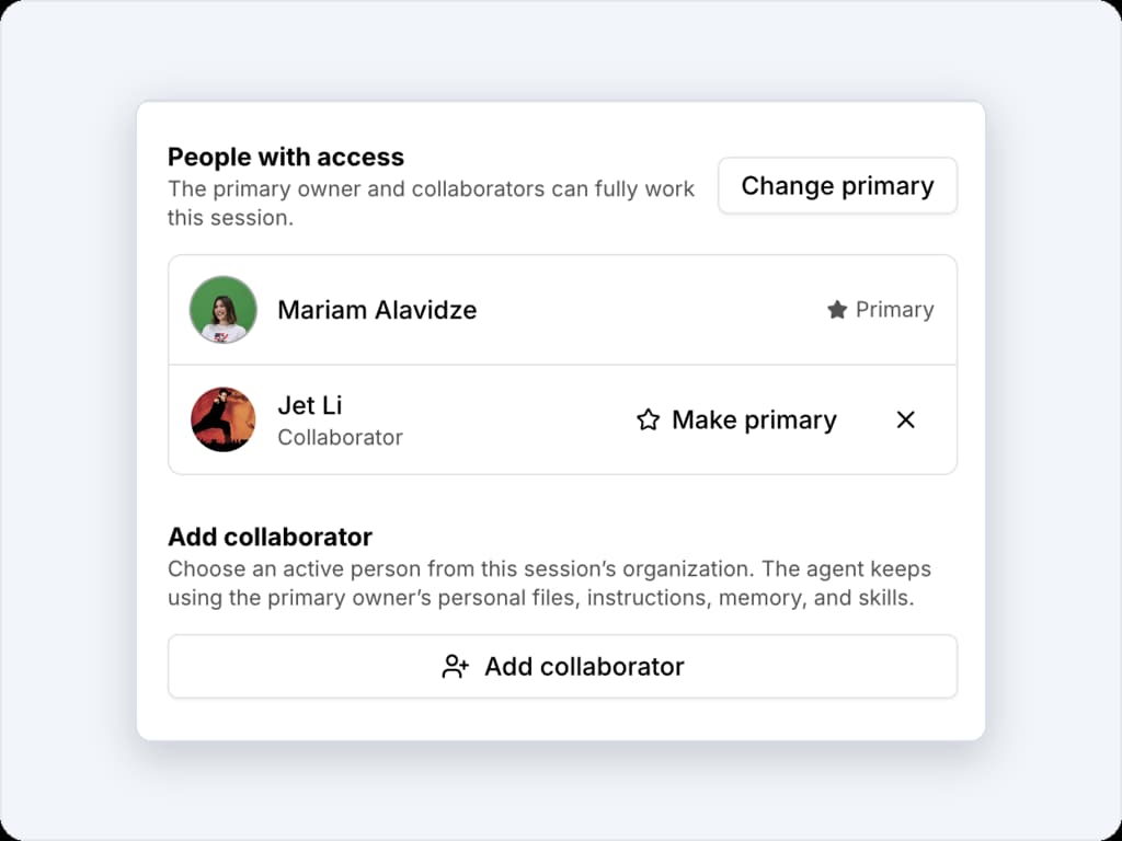 Manage owners: Mariam Alavidze marked Primary, Jet Li marked Collaborator, and the add-collaborator note that the agent keeps using the primary owner's personal files, instructions, memory, and skills.