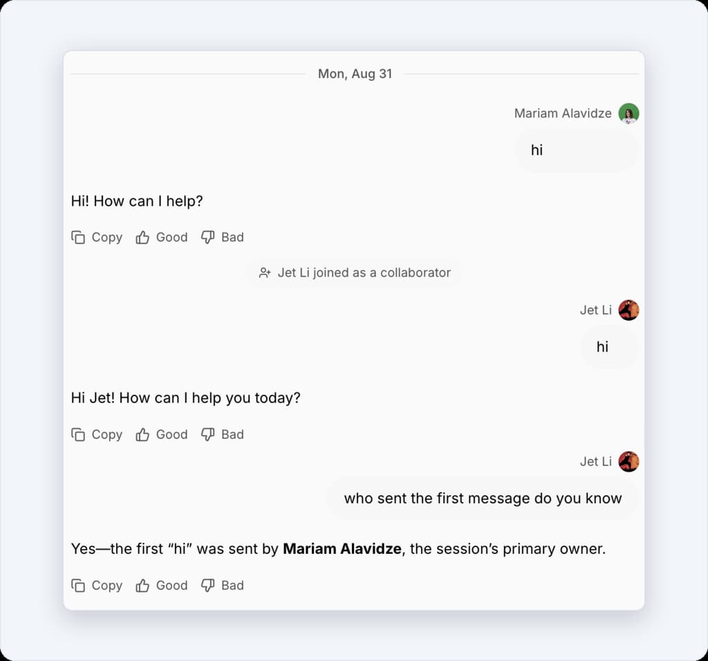 A shared session: each message names its sender, a pill says Jet Li joined as a collaborator, and the agent answers that the first message was sent by Mariam Alavidze, the session's primary owner.