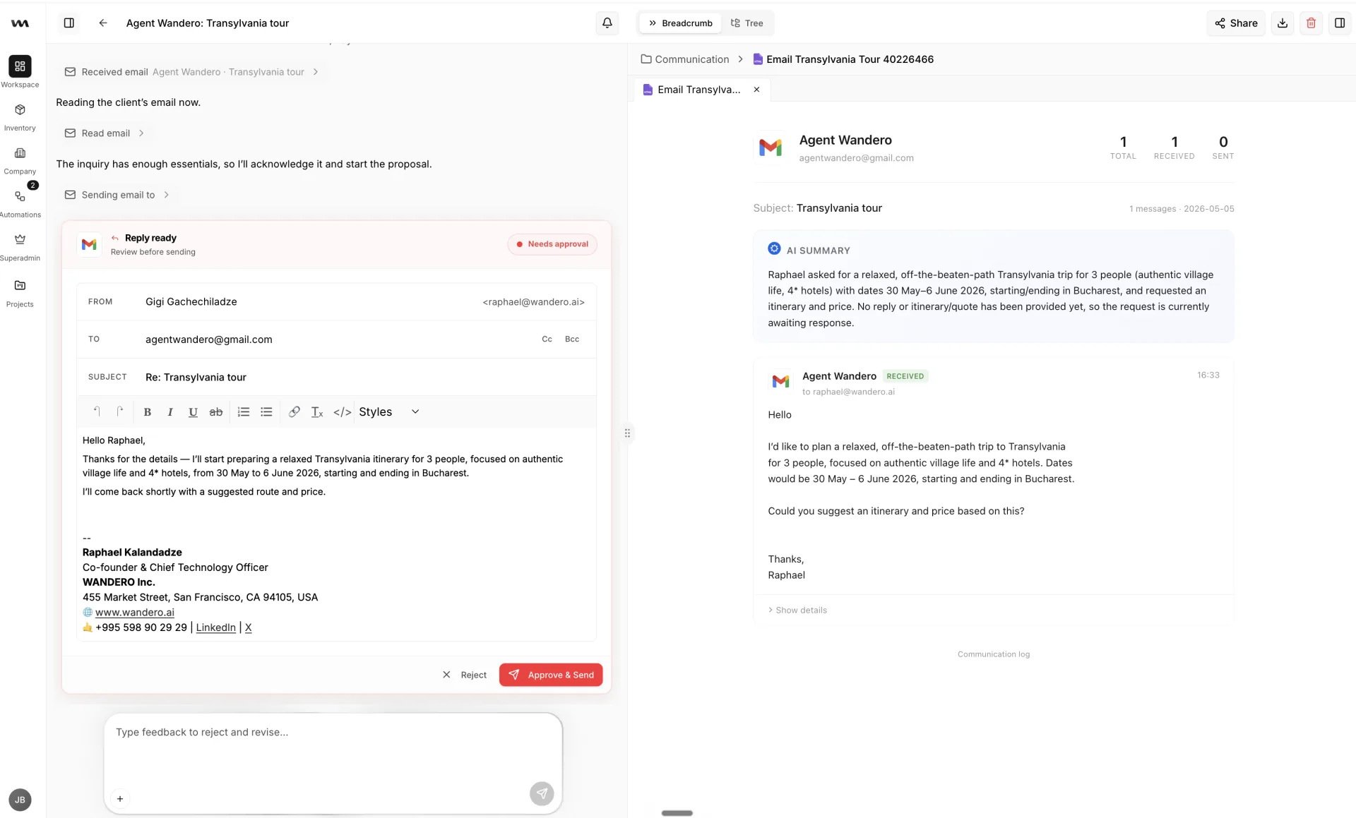 An email reply prepared by Wandero, waiting for human approval before sending.