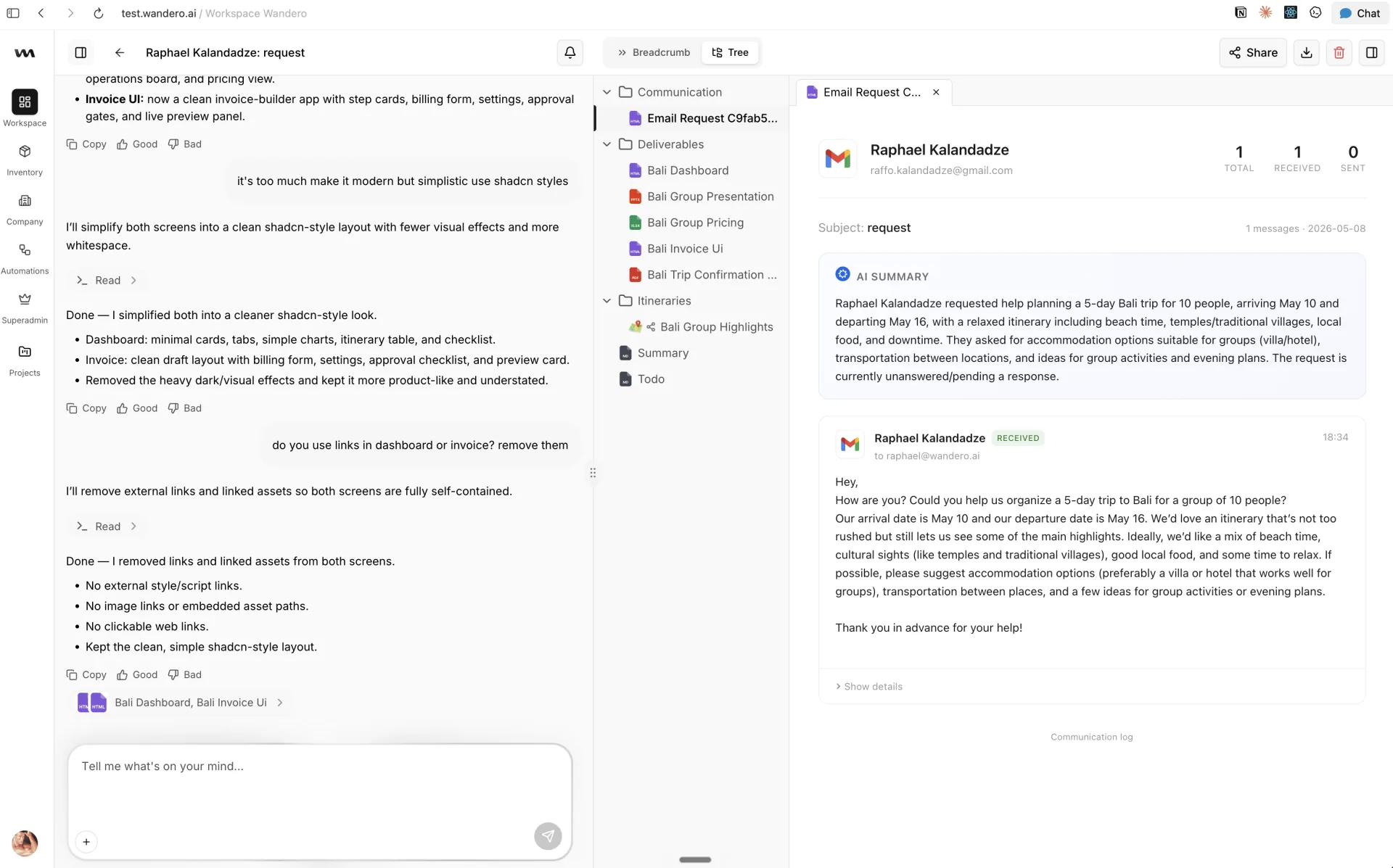 A client request inside Wandero, with communication context on one side and generated deliverables on the other.