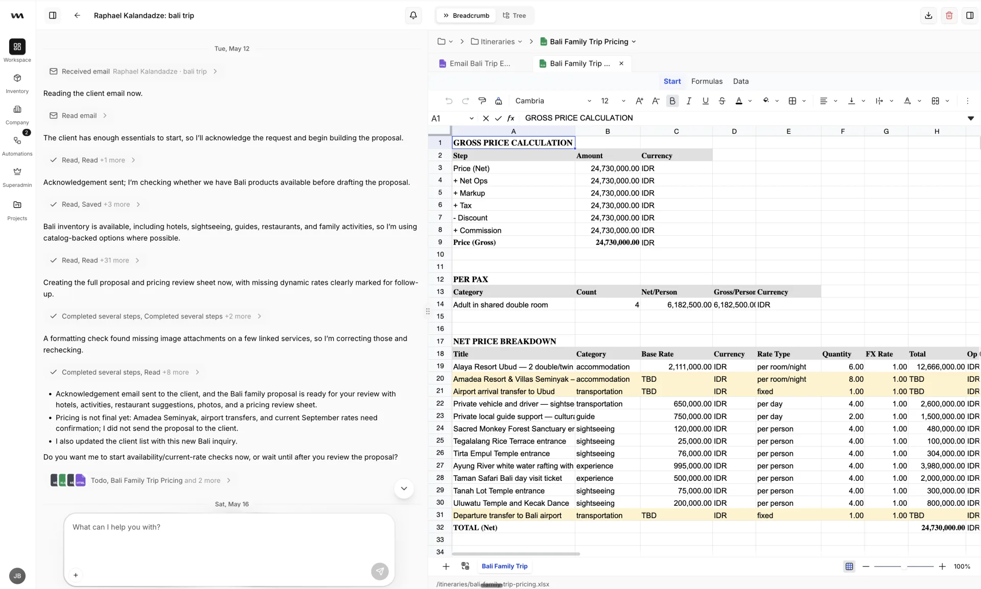 A pricing spreadsheet created inside Wandero while the agent works through a Bali family trip request.