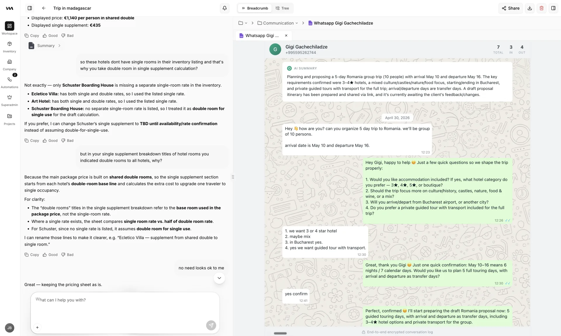 A WhatsApp conversation summarized and connected to the planning work inside Wandero.