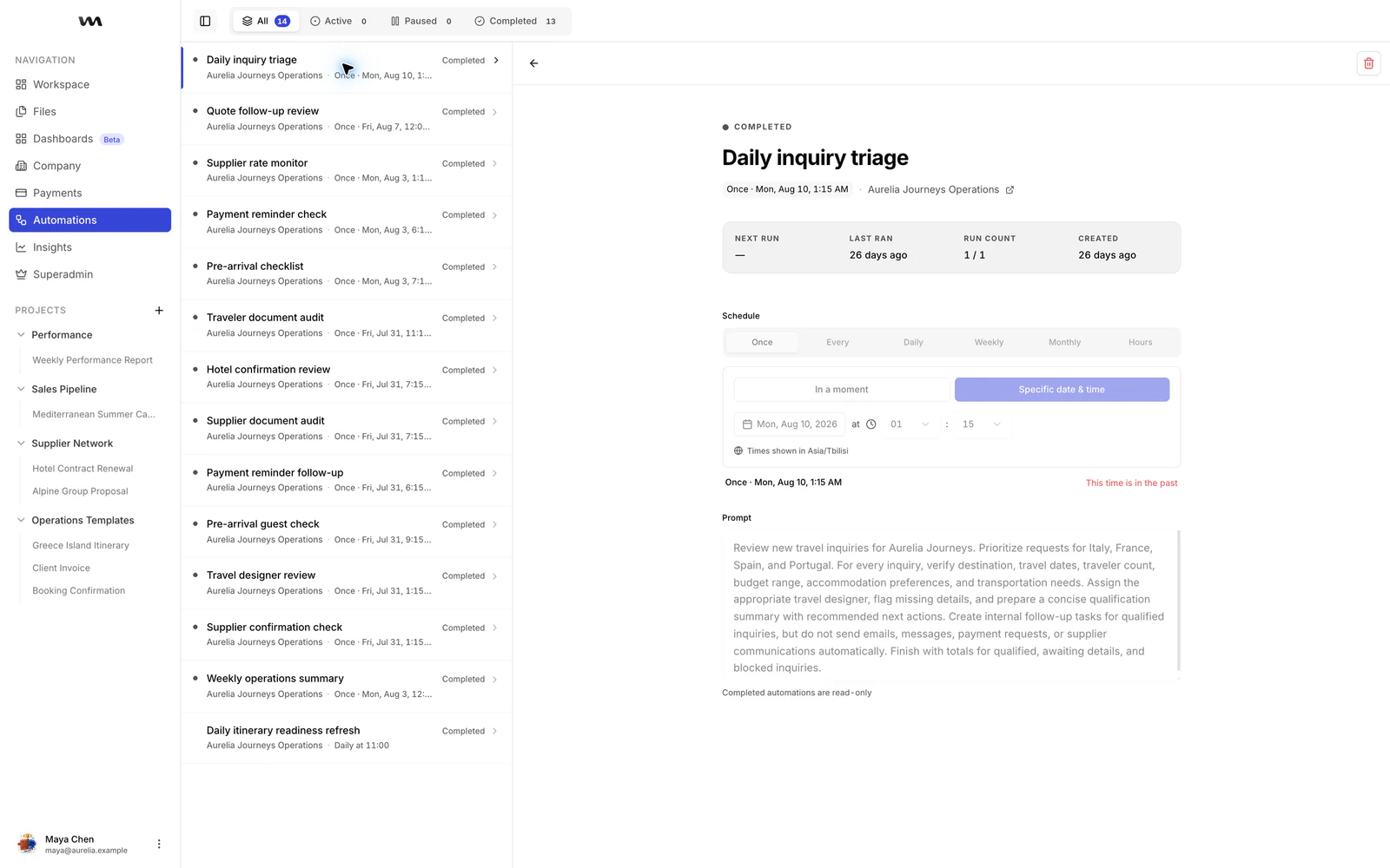 Wandero automation detail with schedule, prompt, and run status