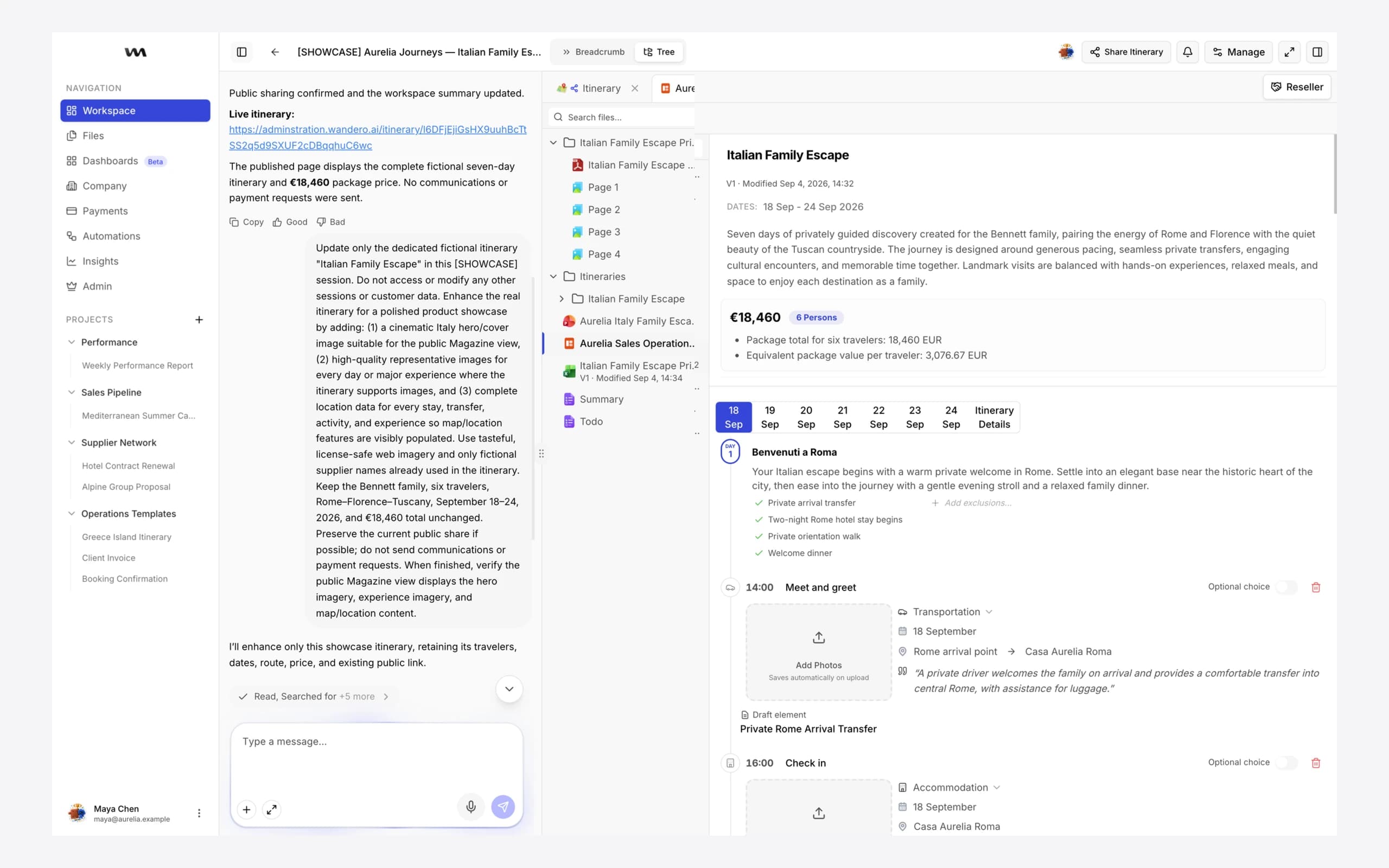 Wandero agent session with generated sales operations dashboard