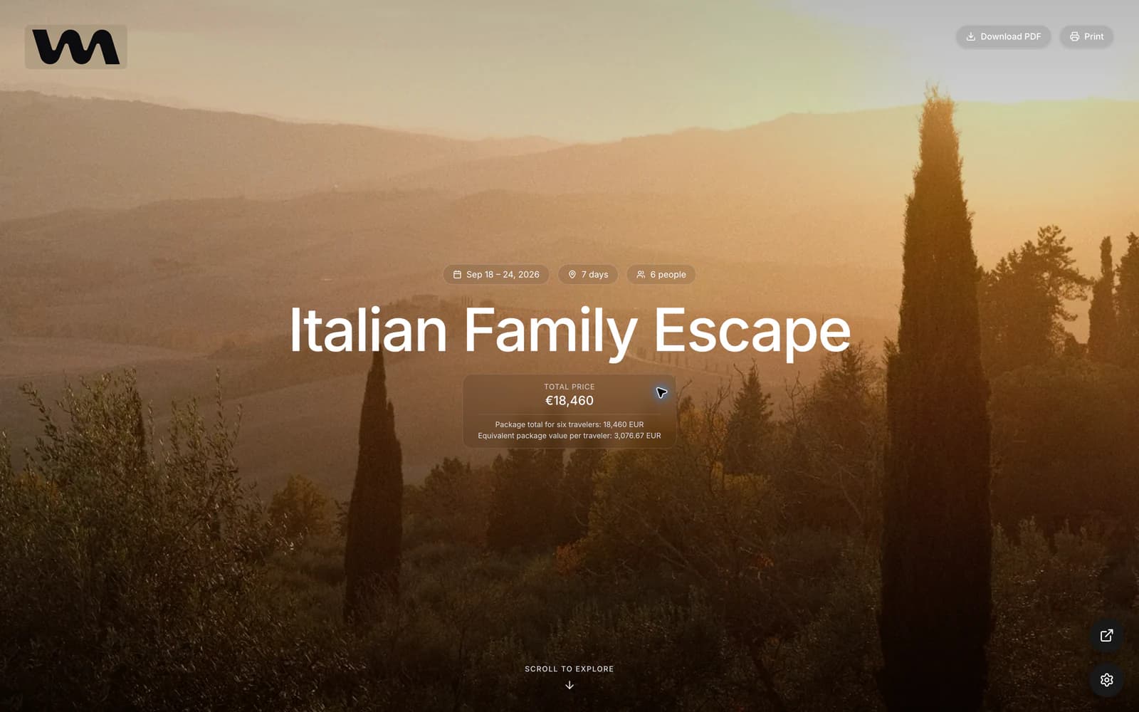 Public magazine itinerary with a cinematic Tuscany hero image