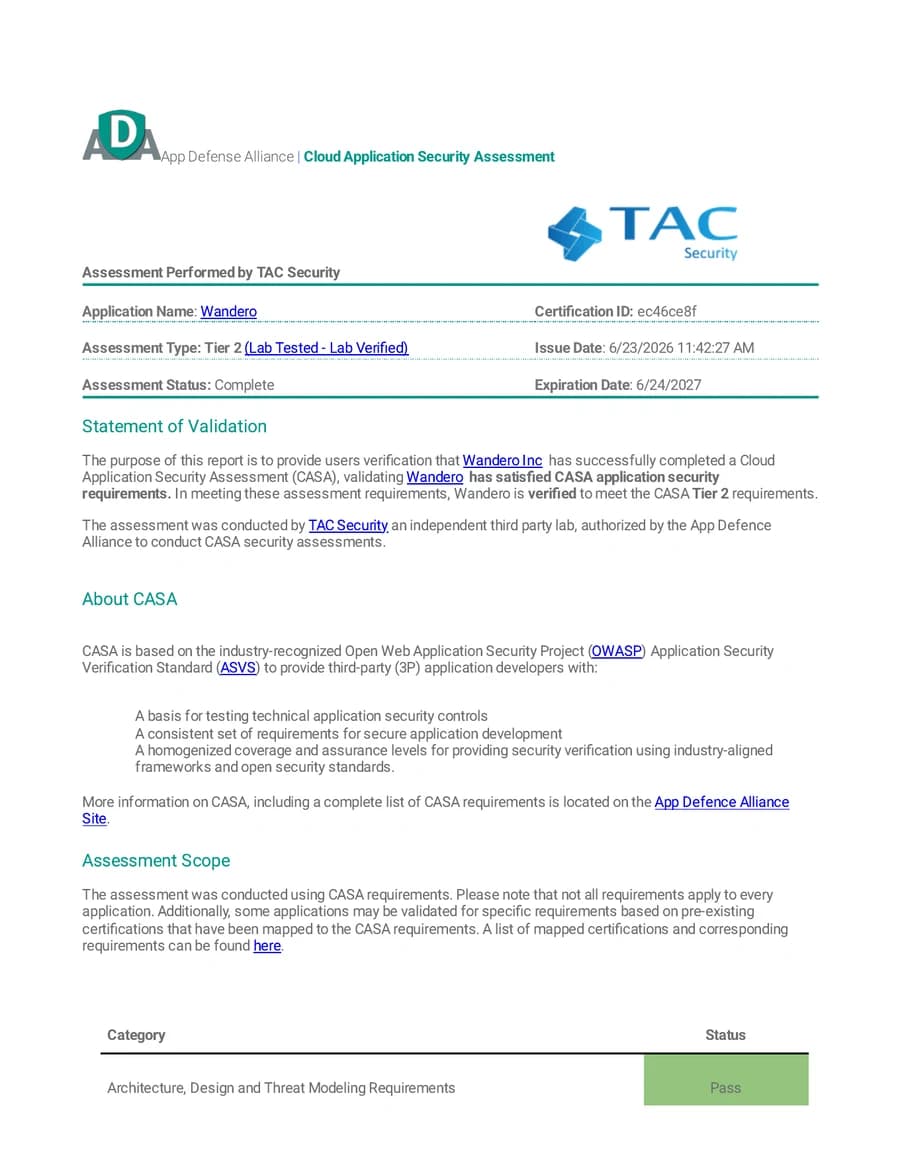 First page of Wandero's CASA Tier 2 validation letter
